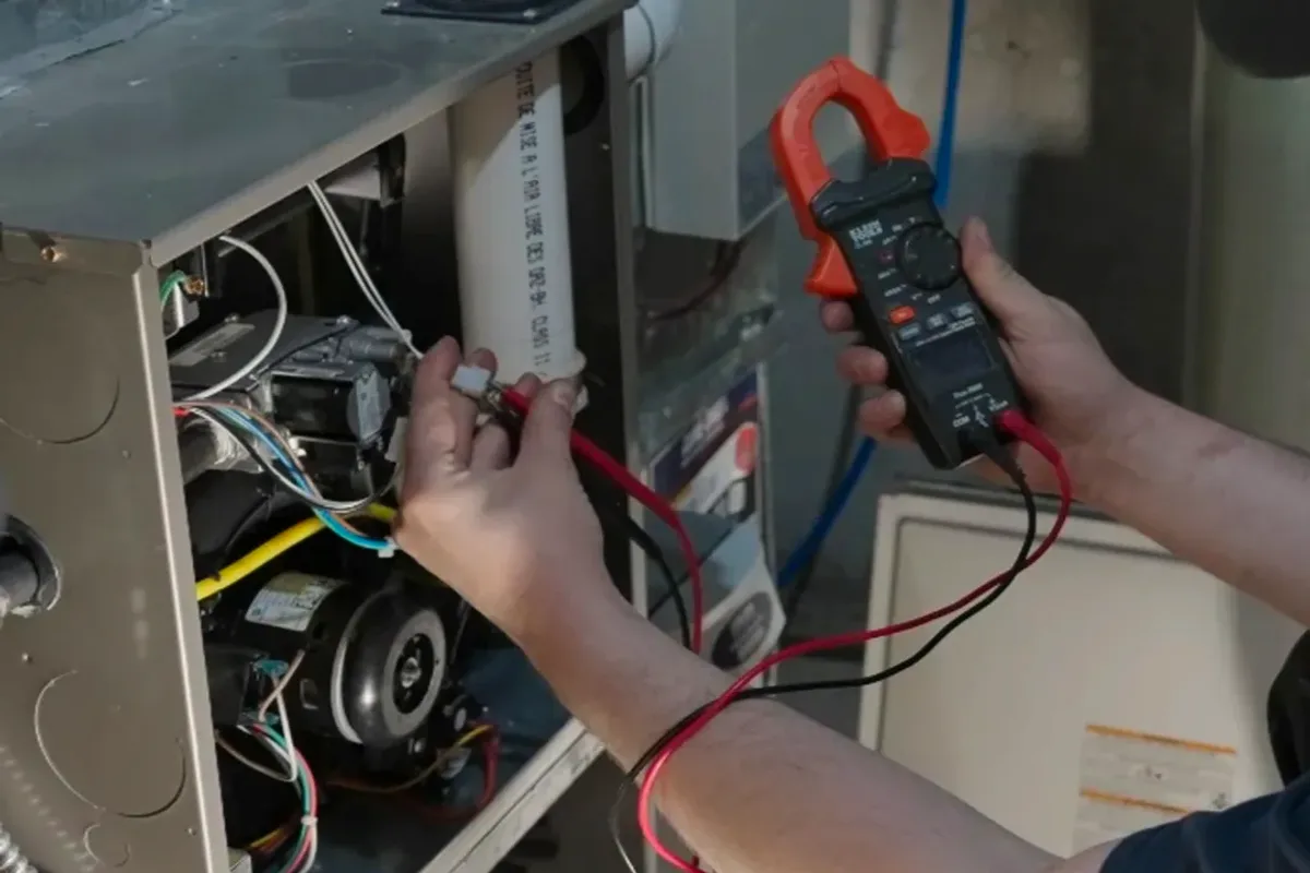 Technician testing a furnace's wiring with a clamp meter